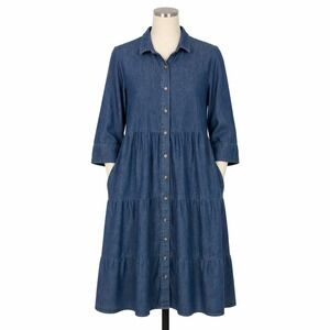 Vermont Country Store Tiered Midi Denim Blue Jean Dress MP Pockets Cottage Boho